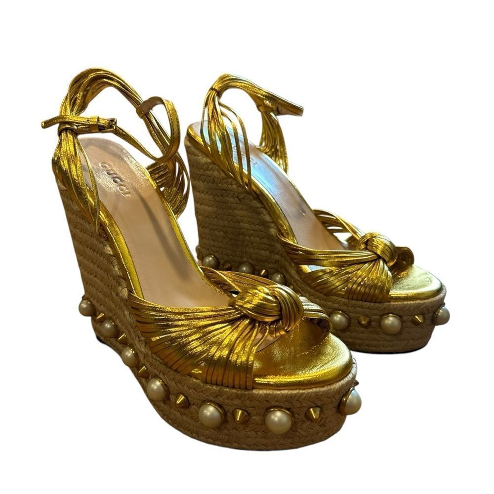 Gucci Barbette Knotted Leather Gold Metallic Pearl Platform Wedge Sandals - Picture 6 of 16